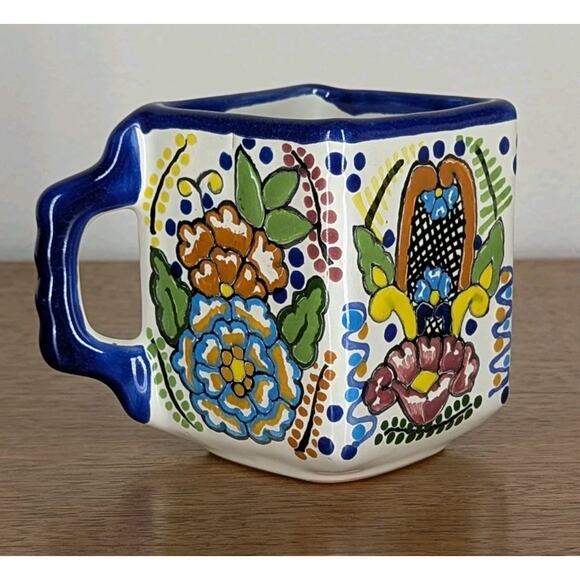 Talavera Mexican Pottery Hand Painted Blue Floral Square Coffee Mug Cup 4" Tall - Picture 2 of 9